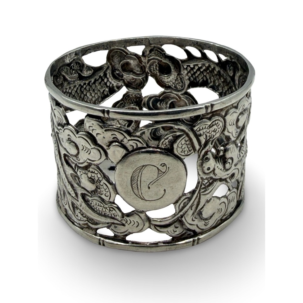 Antique Chinese‎ Export Silver Pierced Dragon Koi Napkin Ring Monogram C 1910s